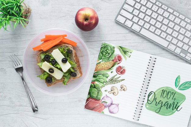Flat Lay Of Healthy Food With Notepad Mockup Psd