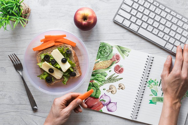 Flat Lay Of Healthy Food With Notepad Mockup Psd