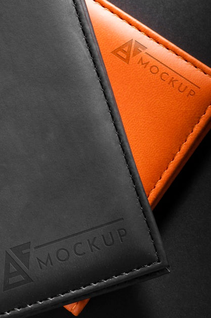 Flat Lay Of Leather Agendas Mock-Up Psd