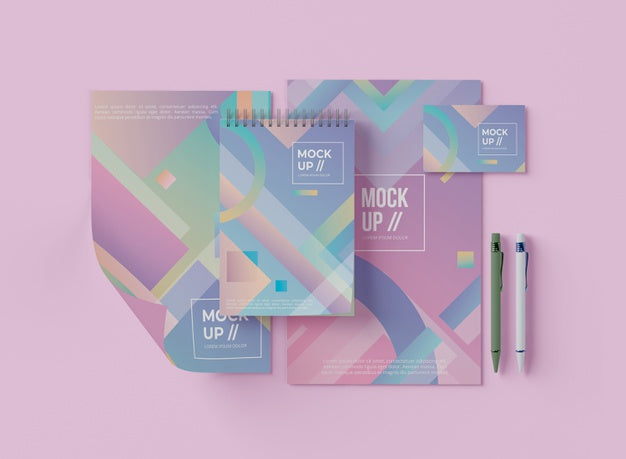 Flat Lay Of Notebook With Paper And Geometric Design Psd