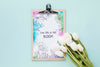Flat Lay Of Notepad With Spring Tulips Psd
