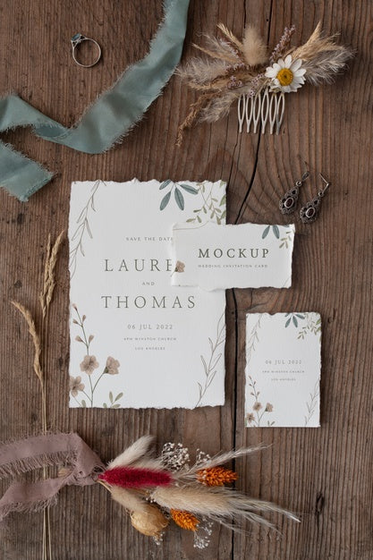 Flat Lay Of Paper Mock-Up Rustic Wedding Invitation With Leaves And Flowers Psd