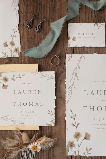 Flat Lay Of Paper Mock-Up Rustic Wedding Invitation With Leaves And Flowers Psd