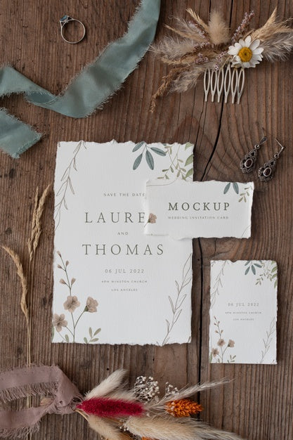Flat Lay Of Paper Mock-Up Rustic Wedding Invitation With Leaves And Flowers Psd