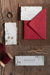 Flat Lay Of Paper Mock-Up Rustic Wedding Invitation With Leaves And Flowers Psd