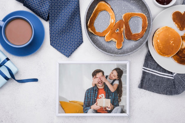 Flat Lay Of Photo For Fathers Day With Pancakes And Coffee Psd