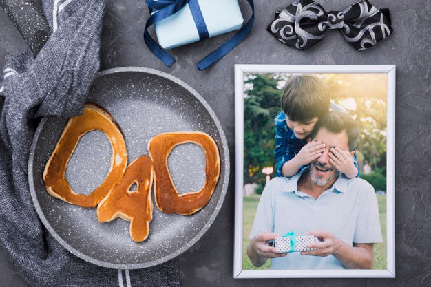 Flat Lay Of Photo With Pancakes In Pan And Gift For Fathers Day Psd