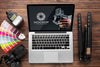 Flat Lay Of Photographer Wooden Workspace With Laptop Psd
