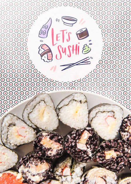 Flat Lay Of Plate Of Sushi With Coloful Background Psd