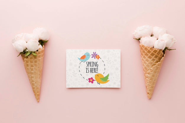 Flat Lay Of Roses In Ice Cream Cones With Card Psd