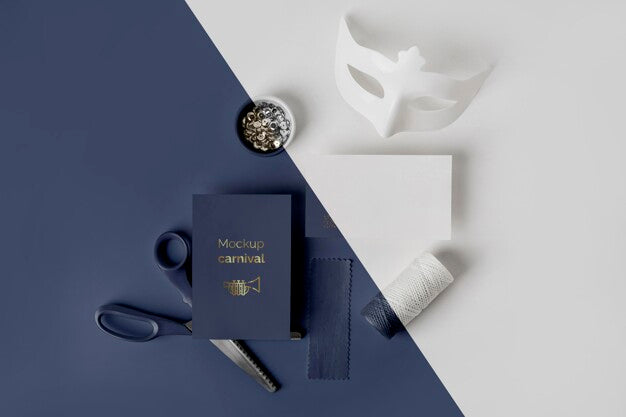 Flat Lay Of Simplistic Carnival Invitation With Scissors And Thread Psd