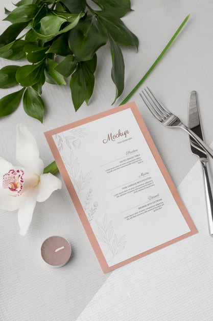 Mock Spring Menu Flat Lay Of Spring Menu Mock-Up With Cutlery And Flowers Psd - Mockup Hunt