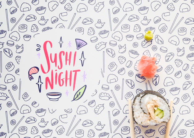 Flat Lay Of Sushi On Cute Background Psd