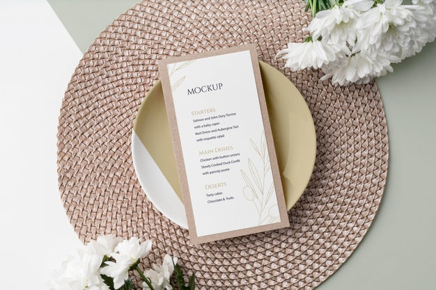 Flat Lay Of Table Arrangement With Plate And Spring Menu Mock-Up Psd