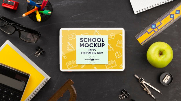 Flat Lay Of Tablet With School Essentials For Education Day Psd