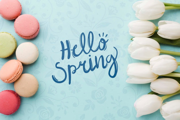 Flat Lay Of Tulips And Macarons Frame Psd