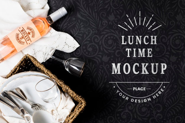 Flat Lay Of Wine Bottle With Basket And Glasses For Picnic Psd