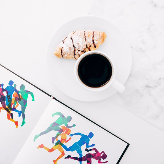 Flat Lay Open Book Mockup On With Coffee And Croissant Psd