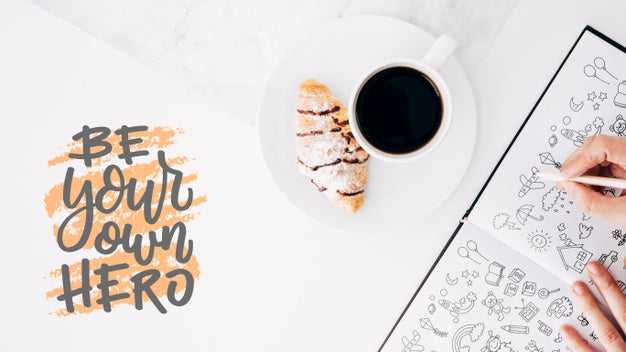 Flat Lay Open Book Mockup On With Coffee And Croissant Psd