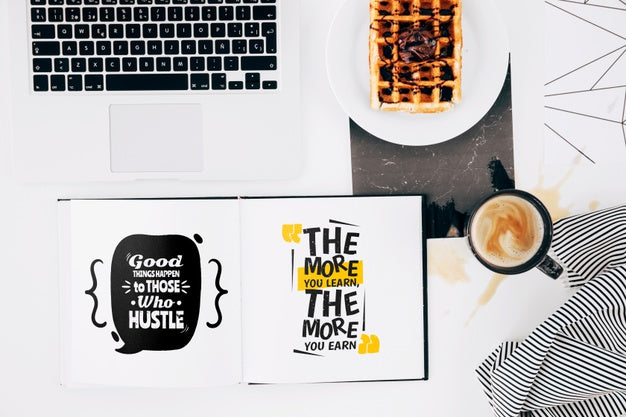 Flat Lay Open Book Mockup On Workspace Psd