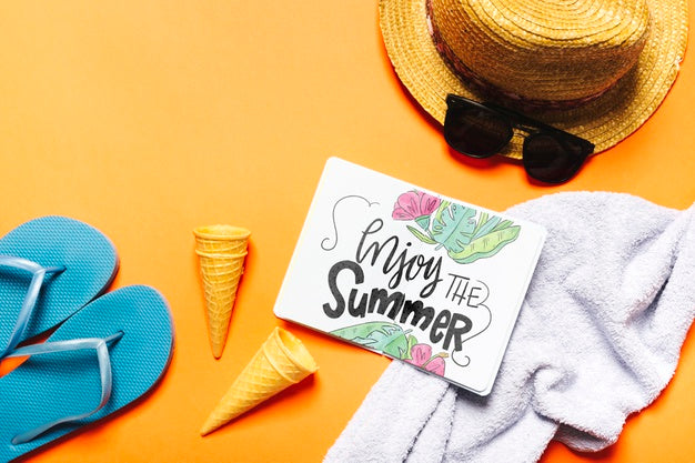 Flat Lay Open Book Mockup With Summer Elements Psd
