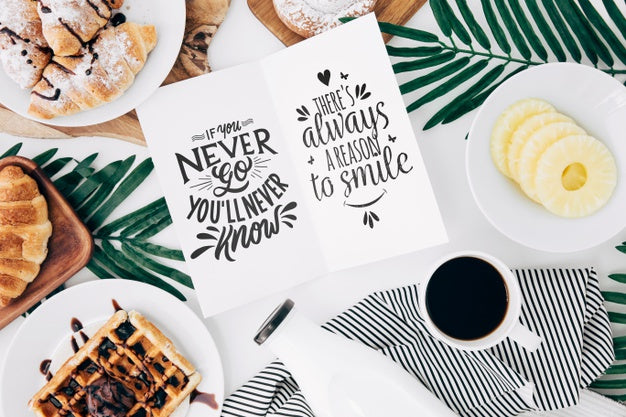 Flat Lay Open Brochure Mockup On Workspace With Breakfast Psd