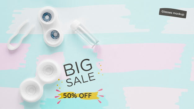 Flat Lay Optics Still Life Sale Composition On Colorful Background Psd