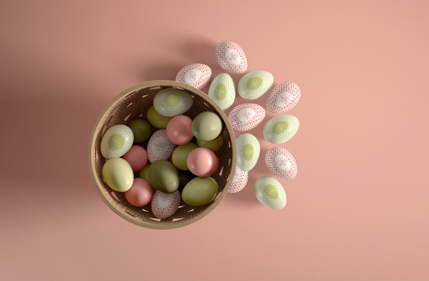 Flat Lay Painted Eggs In Bowl And Beside Psd