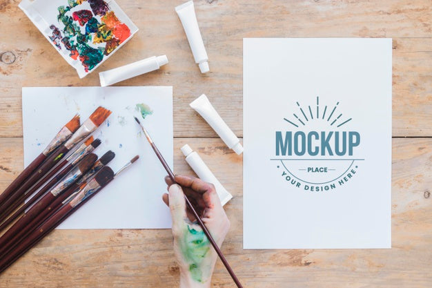 Flat Lay Painting Watercolors And Brushes Psd