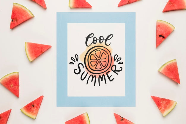 Flat Lay Paper Card Mockup With Summer Fruits Psd