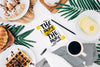 Flat Lay Paper Mockup On Workspace With Breakfast Psd
