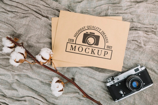 Flat Lay Photo Camera Mockup With Cotton Psd