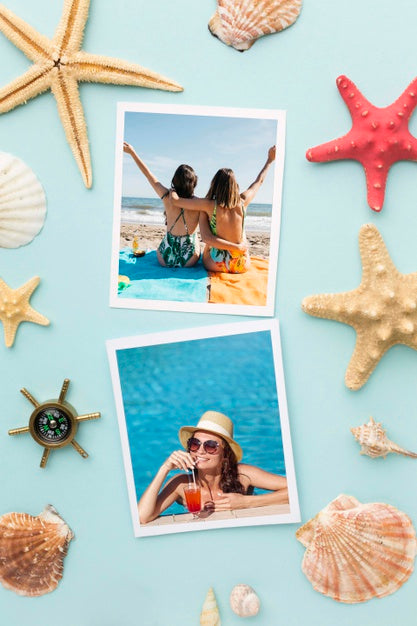 Flat Lay Photos And Starfish Arrangement Psd