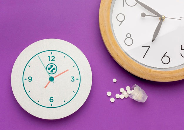 Flat Lay Pills And Clock Arrangement Psd