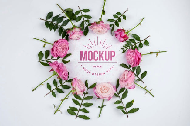 Flat Lay Pink Roses Framing Mockup Psd
