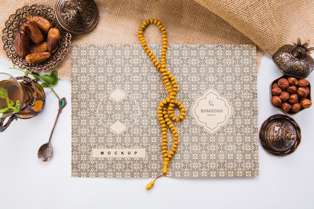 Flat Lay Ramadan Composition With Open Book Template Psd