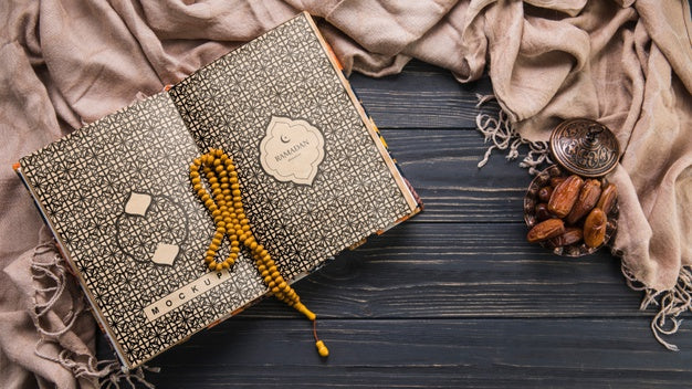 Flat Lay Ramadan Composition With Open Book Template Psd
