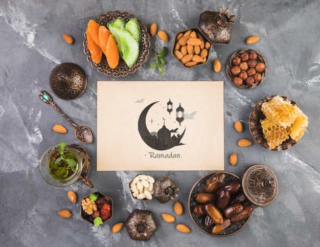 Flat Lay Ramadan Composition With Paper Card Template Psd