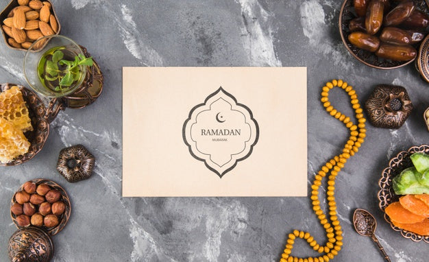 Flat Lay Ramadan Composition With Paper Card Template Psd