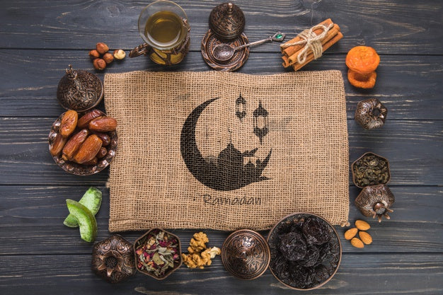 Flat Lay Ramadan Composition With Table Cloth Template Psd