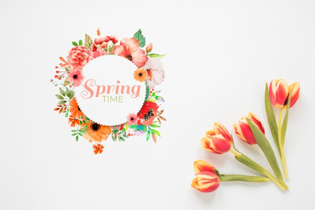 Flat Lay Round Card Mockup For Spring Psd