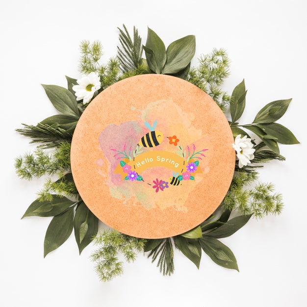 Flat Lay Round Card Mockup For Spring Psd