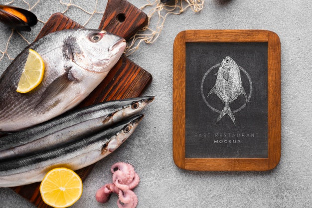 Flat Lay Sea Food Arrangement With Blackboard Mock-Up Psd