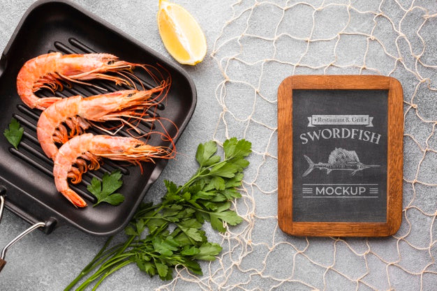 Flat Lay Sea Food Composition With Blackboard Mock-Up Psd