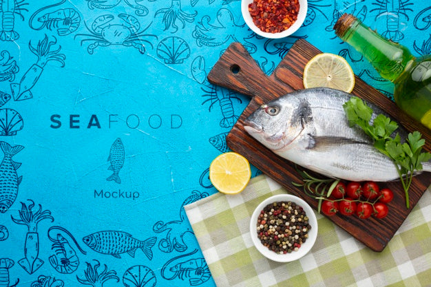 Flat Lay Sea Food Composition With Mock-Up Psd