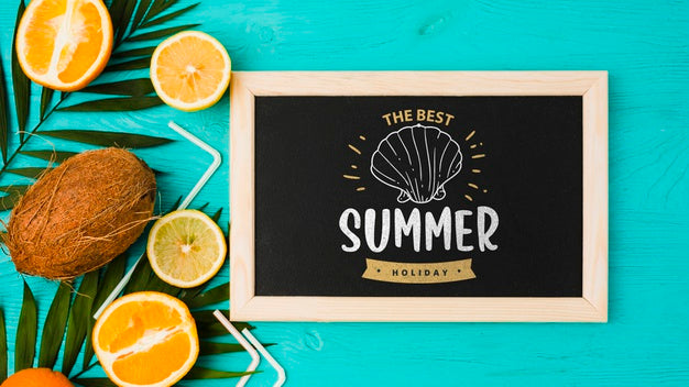 Flat Lay Slate Mockup With Summer Elements Psd