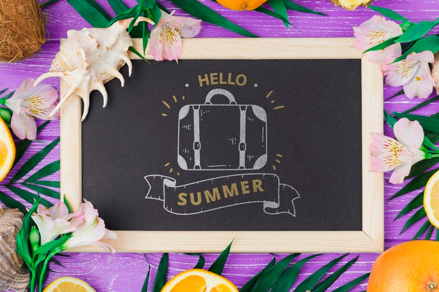 Flat Lay Slate Mockup With Summer Elements Psd