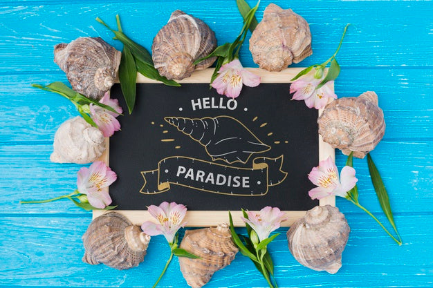 Flat Lay Slate Mockup With Summer Elements Psd