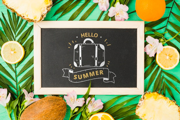 Flat Lay Slate Mockup With Summer Elements Psd