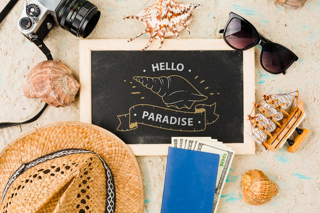 Flat Lay Slate Mockup With Summer Elements Psd